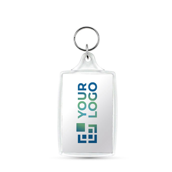Porte-clés rectangulaire avec couverture en acrylique et papier inséré avec zone d'impression