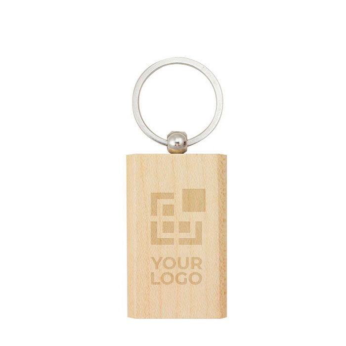 Porte-clés en bois de forme rectangulaire avec anneau en métal avec zone d'impression