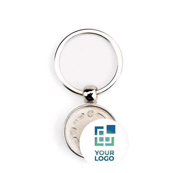 Porte-clés rond en métal avec papier personnalisable sur deux faces avec zone d'impression