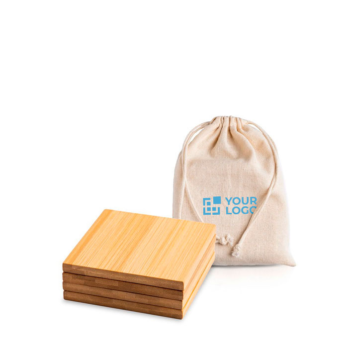 Set de 4 sous-verres en bambou avec un sac en coton inclus avec zone d'impression