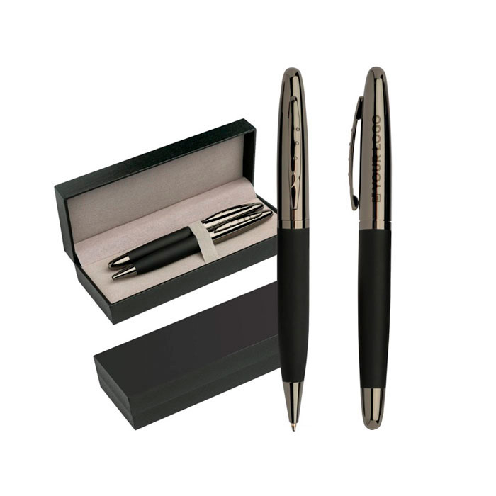Ensemble roller et stylo en métal avec toucher gomme, encre bleue avec zone d'impression