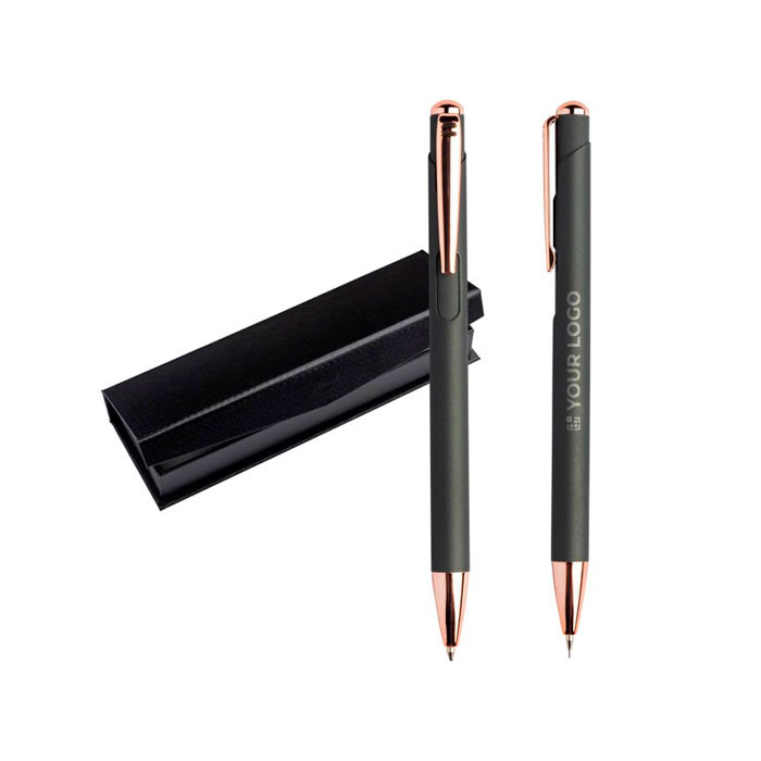 Ensemble stylo et porte-mine avec détails en métal, encre bleue avec zone d'impression