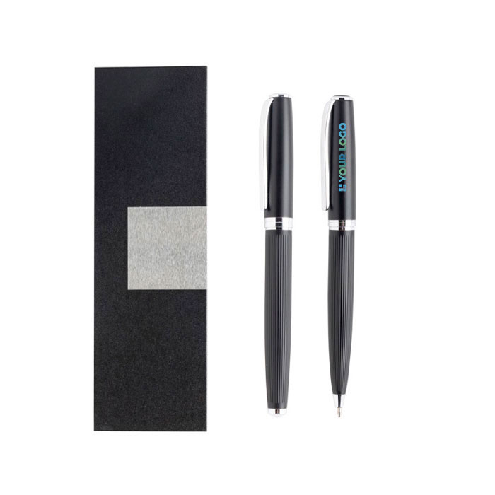 Ensemble roller et stylo en métal avec boîte matelassée, encre noire avec zone d'impression
