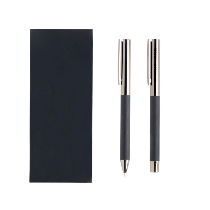 Ensemble roller et stylo métal et carbone, style moderne, encre bleue avec zone d'impression