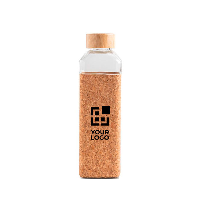 Bouteille en verre avec bouchon en bambou et gaine en liège 640 ml avec zone d'impression