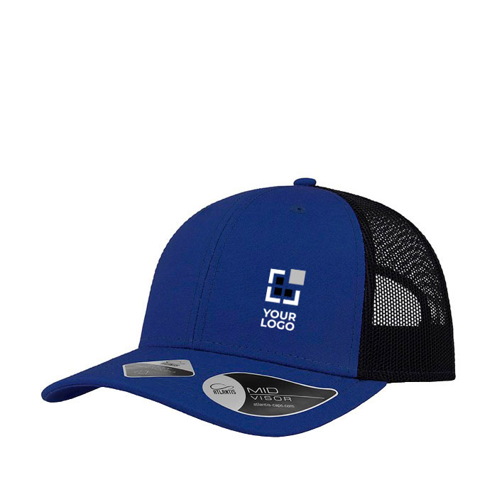 Casquette en coton recyclé à 6 panneaux avec maille arrière 250 g/m² avec zone d'impression