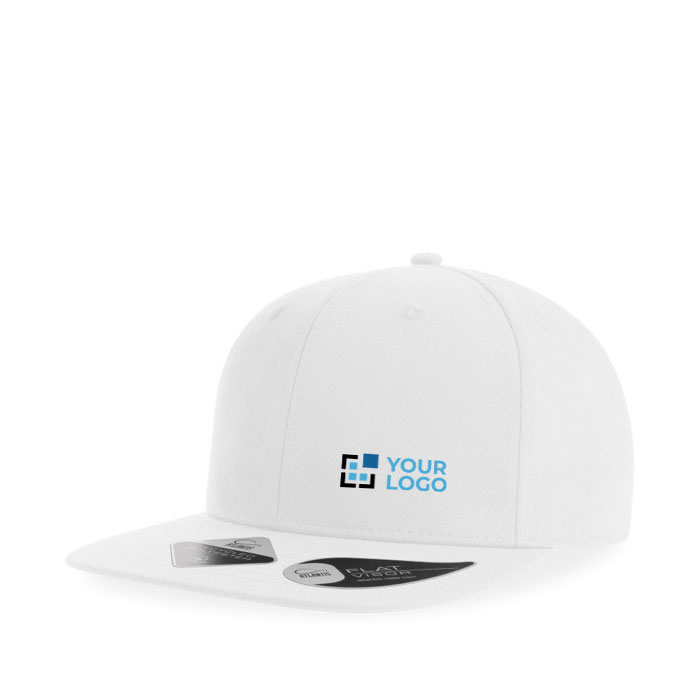 Casquette en polyester recyclé avec visière plate, 6 panneaux 200 g/m² avec zone d'impression
