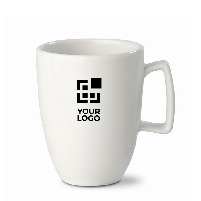 Tasse blanche céramique à poignée rectangulaire fabrication UE 230ml avec zone d'impression