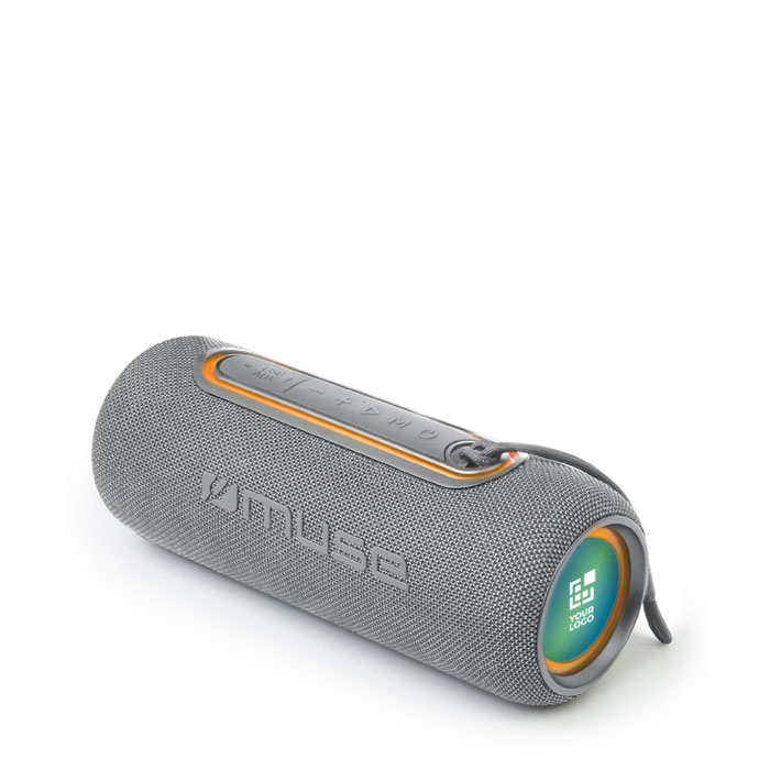 Enceinte de forme cylindrique résistante à l'eau avec détails LED avec zone d'impression