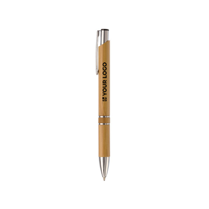 Stylo à bouton-poussoir en bambou avec double anneau argenté au milieu avec zone d'impression