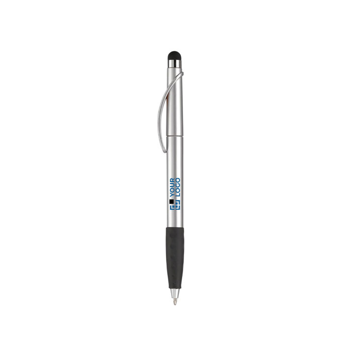 Stylo en plastique avec pointeur et poignée texturée colorée avec zone d'impression
