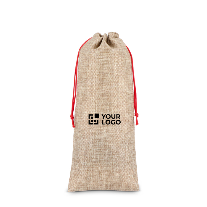 Sac à vin au design rustique en jute avec cordon de fermeture rouge