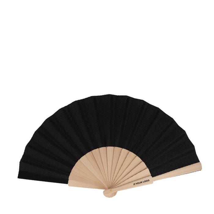 Éventail en RPET coloré avec manche en bois personnalisable