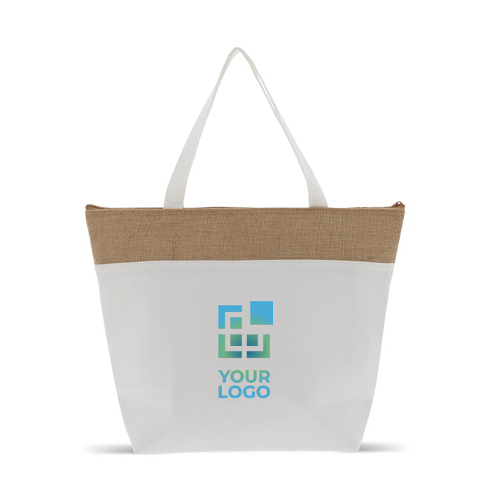 Sac glacière en coton avec détail en jute et fermeture éclair avec zone d'impression