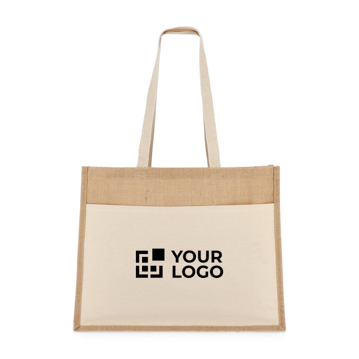 Sac en jute avec poche frontale en coton et anses assorties 320 g/m²