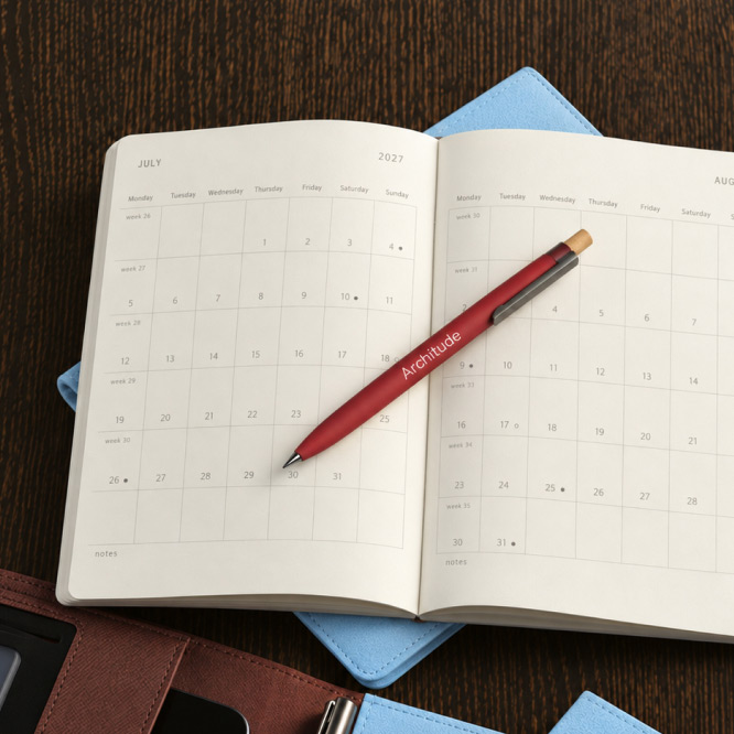 Agenda 2027 ouvert sur des pages de planification mensuelle avec un stylo personnalisé