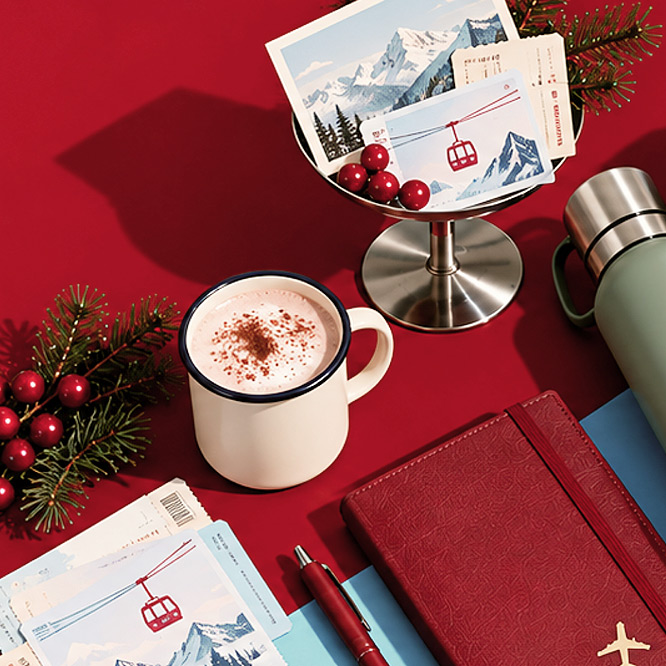 Cadeaux d’entreprise pour Noël comprenant un mug, une bouteille, un carnet et un stylo