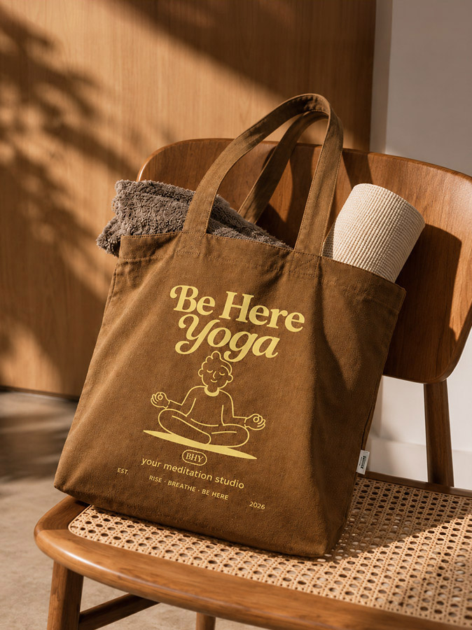Sac fourre-tout marron imprimé avec le logo d’un studio de yoga